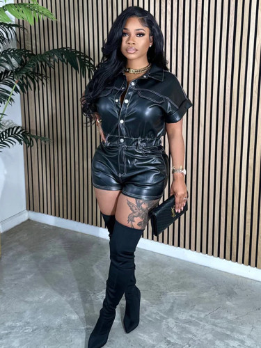 Pocket wide sleeved buttoned leather jumpsuit