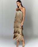 Hanging neck tassel backless slit dress