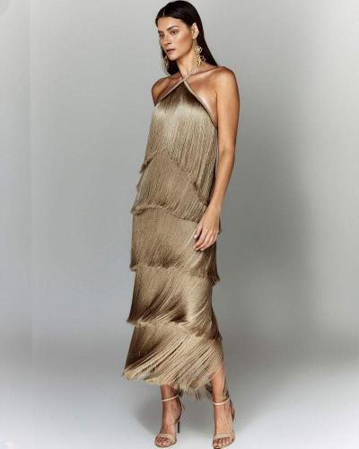 Hanging neck tassel backless slit dress