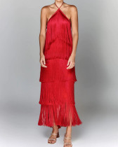 Hanging neck tassel backless slit dress