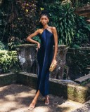 Tassel back slit hanging neck dress