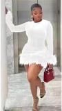 Velvet Feather Tight Round Neck Long Sleeve Hip Wrapping Dress Short Skirt