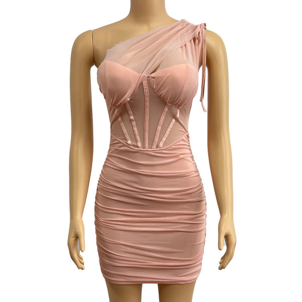 Slanted shoulder hollow pleated hip skirt