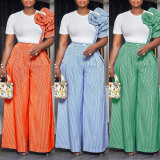 Round neck short sleeved striped contrasting wide leg pants two-piece set