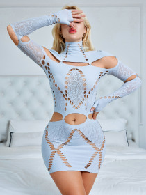 High collar patchwork ripped long sleeved low waist ultra short dress