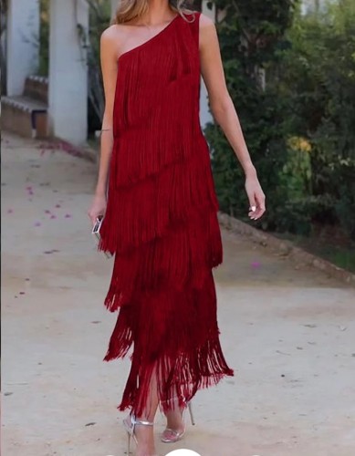 Tassel slanted shoulder asymmetrical dress