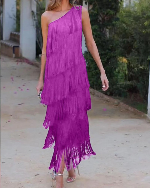 Tassel slanted shoulder asymmetrical dress