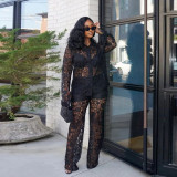 Lace patterned lapel see through set