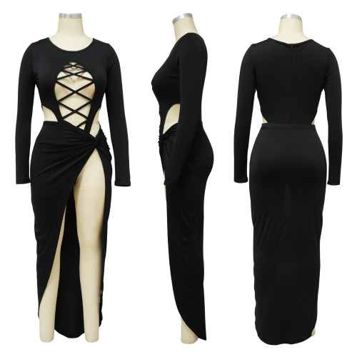 Long sleeved hollow out navel slit skirt set