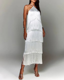 Hanging neck tassel backless slit dress