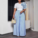 Round neck short sleeved striped contrasting wide leg pants two-piece set