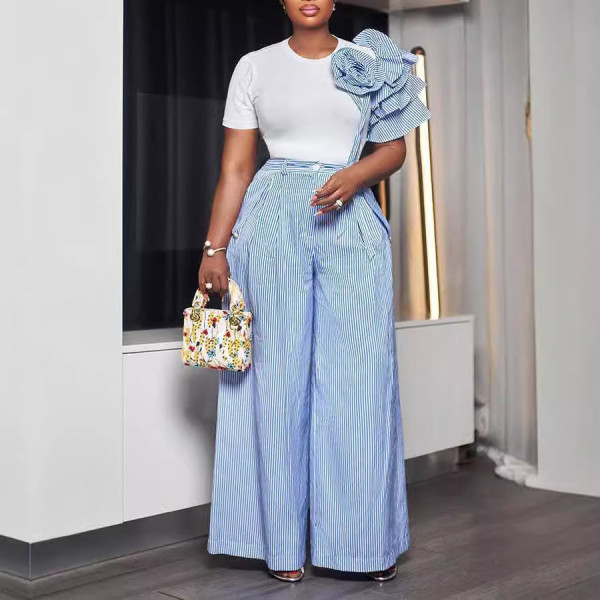 Round neck short sleeved striped contrasting wide leg pants two-piece set