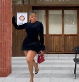 Velvet Feather Tight Round Neck Long Sleeve Hip Wrapping Dress Short Skirt