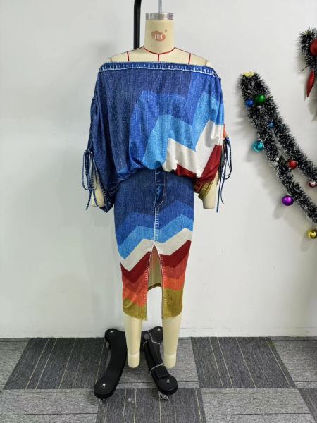 Two piece set of one-piece neck printed bat sleeve top with split skirt