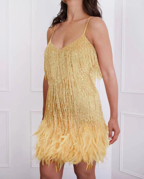 Tassel sequin feather patchwork dress