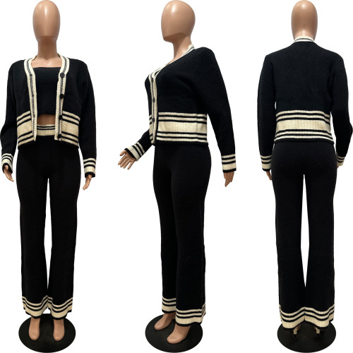Knitted cardigan striped splicing set (3-piece set)