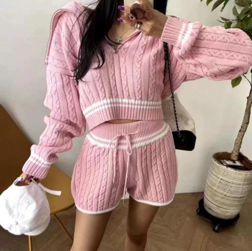 Thick zipper sweater knit shorts two-piece set