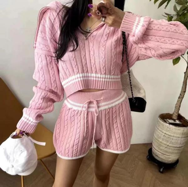 Thick zipper sweater knit shorts two-piece set