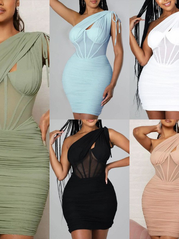 Slanted shoulder hollow pleated hip skirt