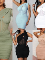 Slanted shoulder hollow pleated hip skirt Slanted shoulder hollow pleated hip skirt