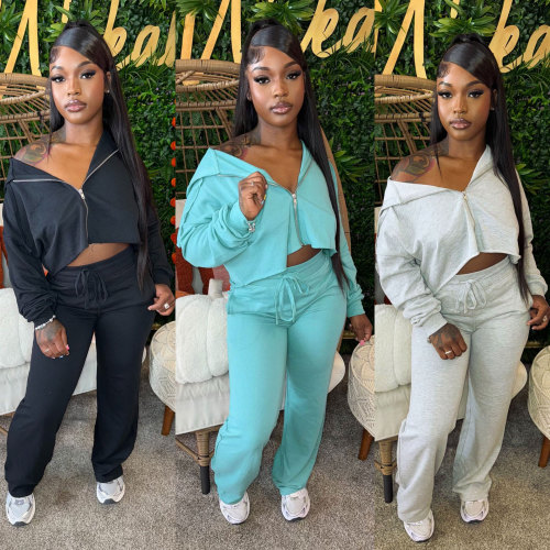 Off shoulder cardigan long sleeved drawstring elastic long pants hoodie set