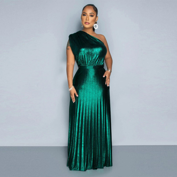 Slant neck sleeveless pleated dress