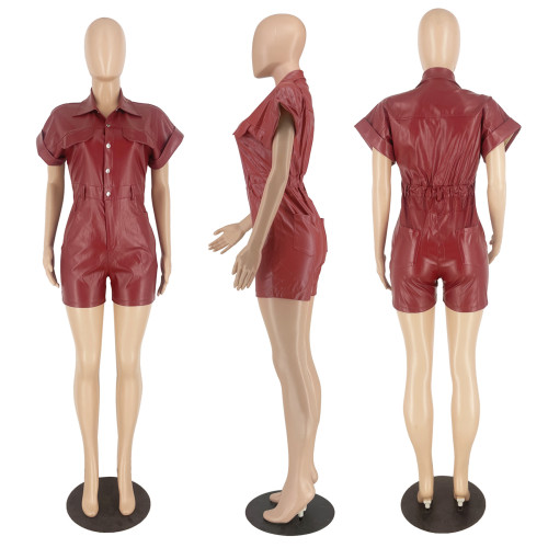 Pocket wide sleeved buttoned leather jumpsuit