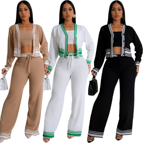 Knitted cardigan striped splicing set (3-piece set)
