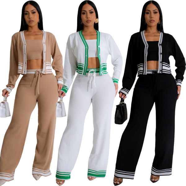 Knitted cardigan striped splicing set (3-piece set)