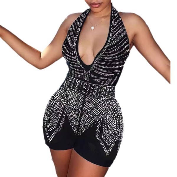 Hot stamping deep V-back strap hanging neck jumpsuit shorts