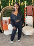 Off shoulder cardigan long sleeved drawstring elastic long pants hoodie set