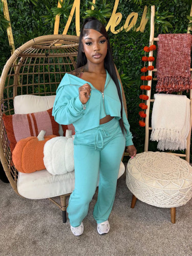 Off shoulder cardigan long sleeved drawstring elastic long pants hoodie set