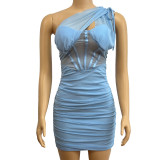 Slanted shoulder hollow pleated hip skirt