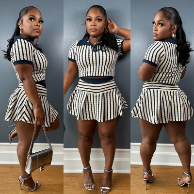 Collar striped short top pleated skirt set
