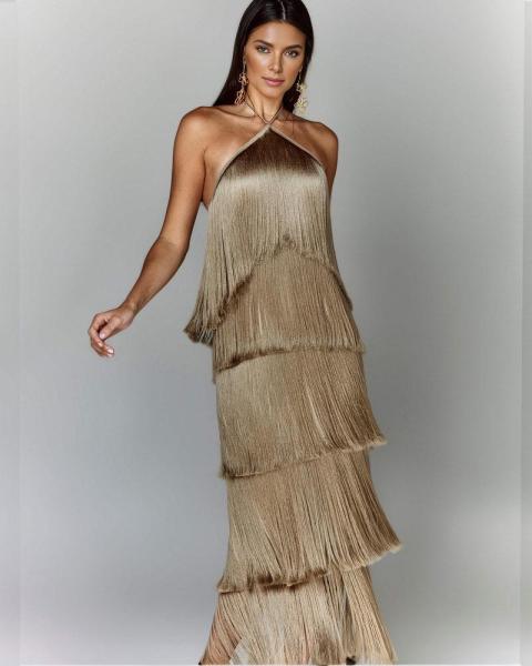 Hanging neck tassel backless slit dress