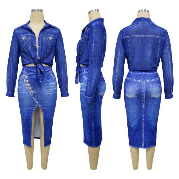 Women's imitation denim printed long sleeved chiffon shirt half skirt set