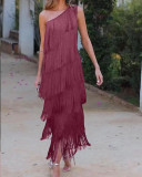 Tassel slanted shoulder asymmetrical dress