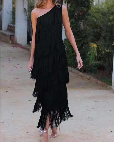 Tassel slanted shoulder asymmetrical dress