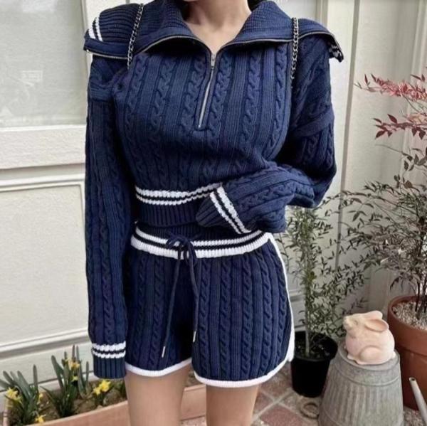Thick zipper sweater knit shorts two-piece set