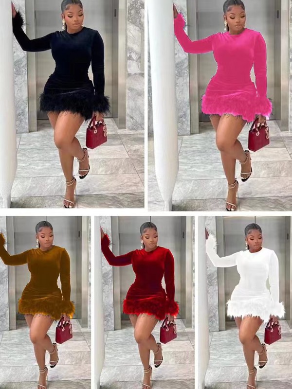 Velvet Feather Tight Round Neck Long Sleeve Hip Wrapping Dress Short Skirt