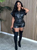Pocket wide sleeved buttoned leather jumpsuit