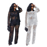 Lace patterned lapel see through set