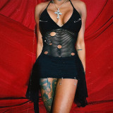Mesh perforated backless camisole dress