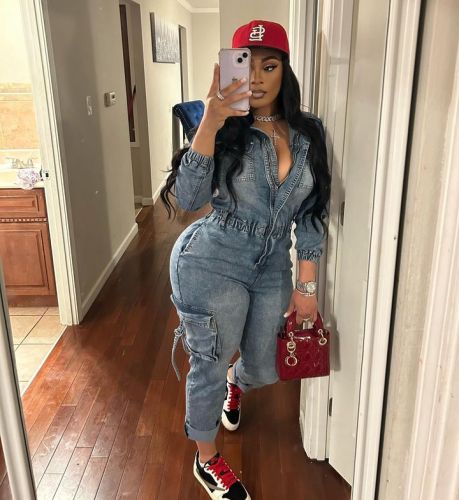 Washed high elasticity long sleeved jumpsuit pants