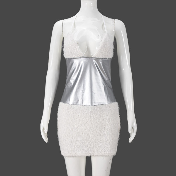 V-neck halter strap patchwork short dress