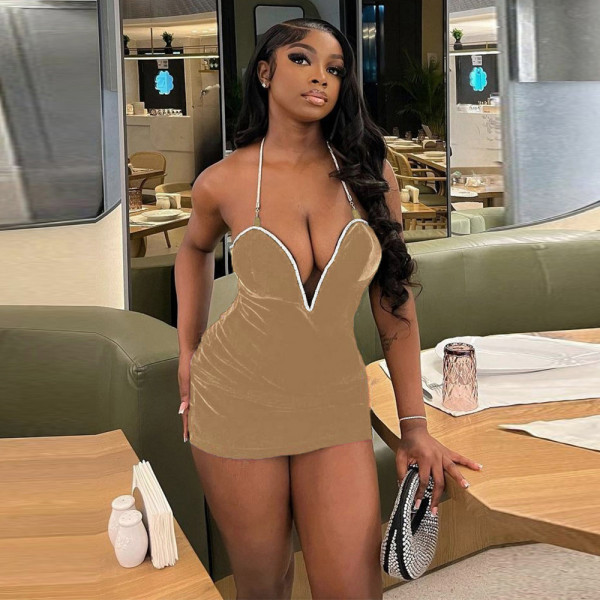 Color blocked backless deep V-strap dress