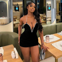 Color blocked backless deep V-strap dress Color blocked backless deep V-strap dress
