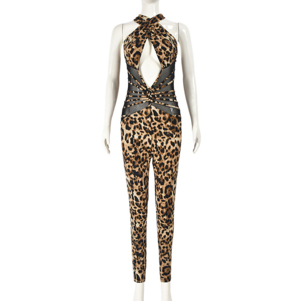 Mesh patchwork leopard print backless jumpsuit