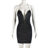 Color blocked backless deep V-strap dress