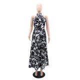 High slit printed sleeveless long skirt
